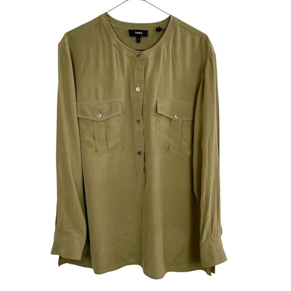 THEORY Damaris Summer Silk Tunic • Long Sleeve Mandarin Collar • L • Light Olive - Picture 2 of 16